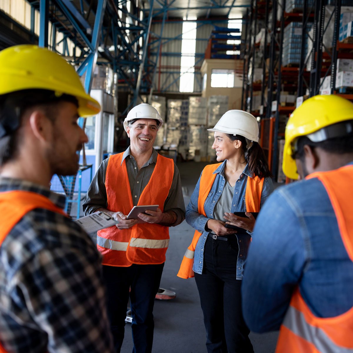 staff meeting at distrubtion warehouse